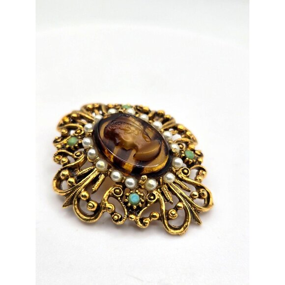 Vintage Florenza signed Gold Tone Filigree Pearl Cameo Brooch - Picture 2 of 9